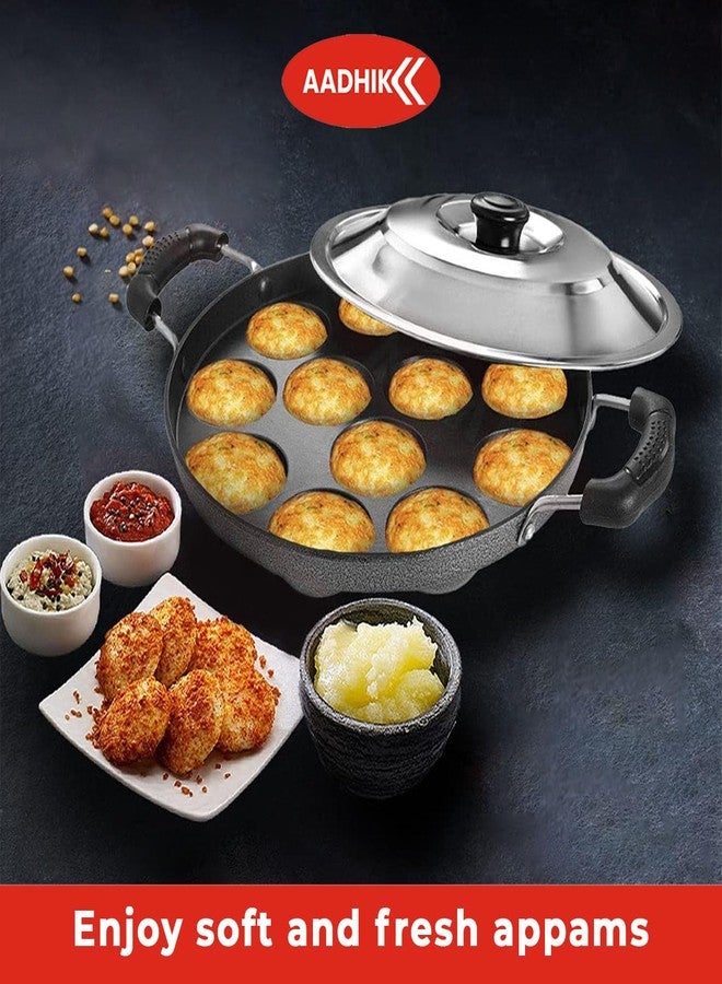AADHIK Appam Pan With Lid - 12 Cavity Maker, Non-Stick Aluminium Chatty/Kadai, Grey - Image 2